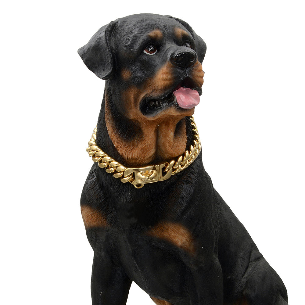 Gold Dog Chain Collar, 18K Collar with Secure Buckle, Stainless Steel Metal Collars, Chew Proof Heavy Duty Cuban Link for Medium Large Dogs