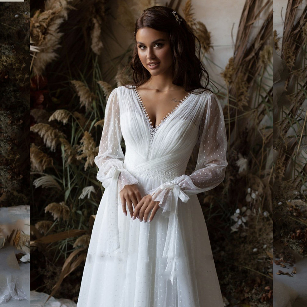 Beautiful Polka Dot A e Wedding Dresses V Neck Puffy Sleeve Lace Bridal Gown Pleat ed Boho Dress For Bride 326