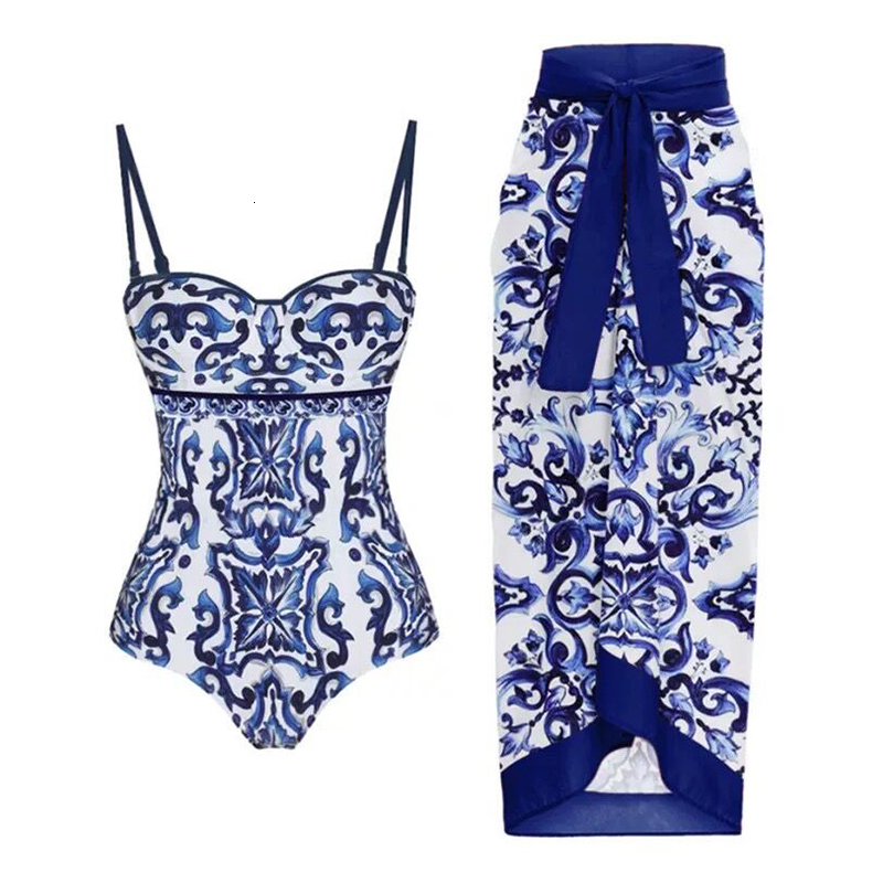 Swim Wear Blue And White Porcelain Tummy Control Underwire Swimsuit Push Up Women Swimwear Bathing Suit With Beach Skirt Sarong Cover Ups 230701