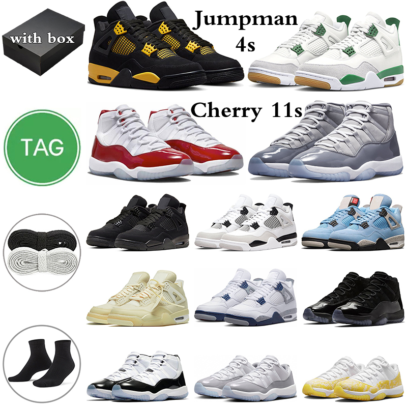 box with 4 11 basketball shoes military black cat 4s cherry 11s Pine Green Thunder Sail University Blue Cement Grey Cap And Gown mens trainers women sneakers sports