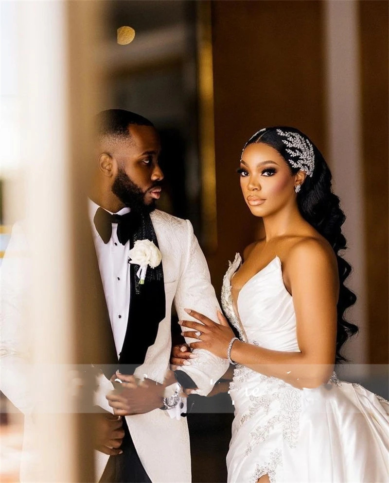 2023 White Plus Size Arabic Aso Ebi Wedding Dress High Split Sparkly Black Girl One Shoulder Sexy Satin Bridal Gowns 322 6660311