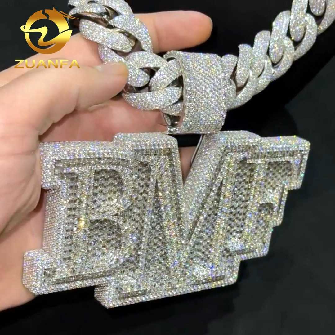 Custom Luxury 3 Width Hip Hop Iced Out Fine Jewelry Micro Pave d Color Vvs Baguette Moissanite Diamond Letter Pendant Necklace