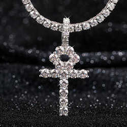 Pass Tester Sterling Sier VVS Moissanite Dia Ankh Cross Pendant 4mm Tennis Chain Necklace Jewelry Set
