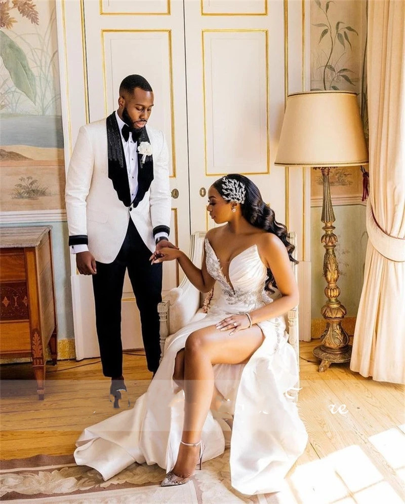 2023 White Plus Size Arabic Aso Ebi Wedding Dress High Split Sparkly Black Girl One Shoulder Sexy Satin Bridal Gowns 322 6660311