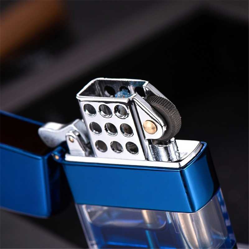 Metal Gasoline Lighter Transparent Oil Tank Retro Grinding Wheel Windproof Kerosene Petrol For Men Cigarette Accessories U796 YLTT W260202