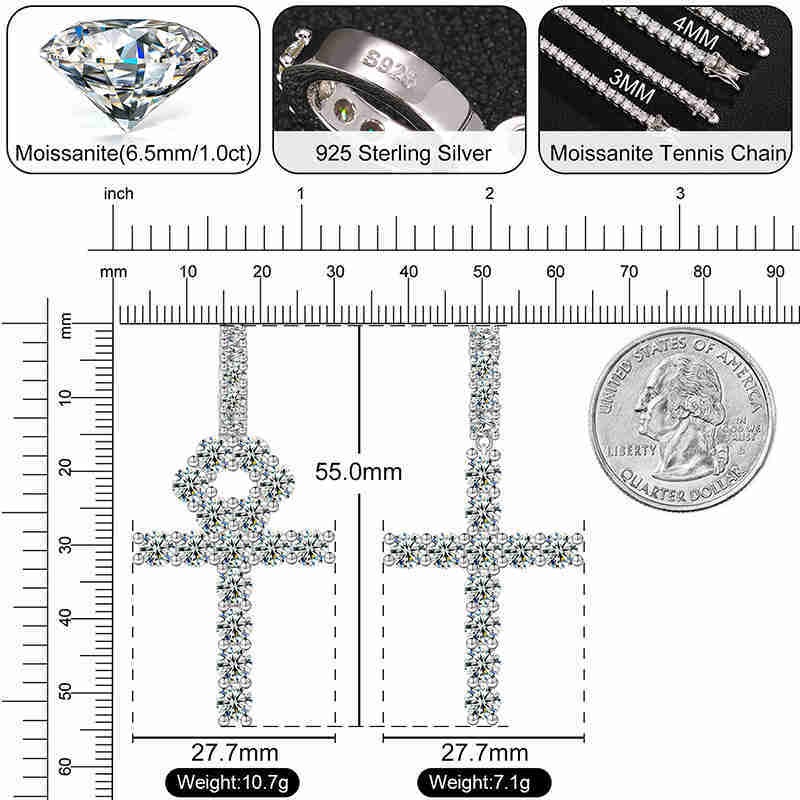 Pass Tester Sterling Sier VVS Moissanite Dia Ankh Cross Pendant 4mm Tennis Chain Necklace Jewelry Set