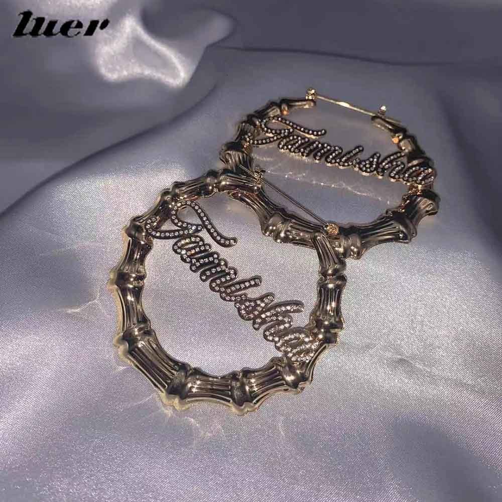 Dangle Chandelier LUER Name Earrings PersonalizedBling Bamboo Earrings Custom Diamond Women Earing Customized Jewelry Hiphop Fashion Gift 230701