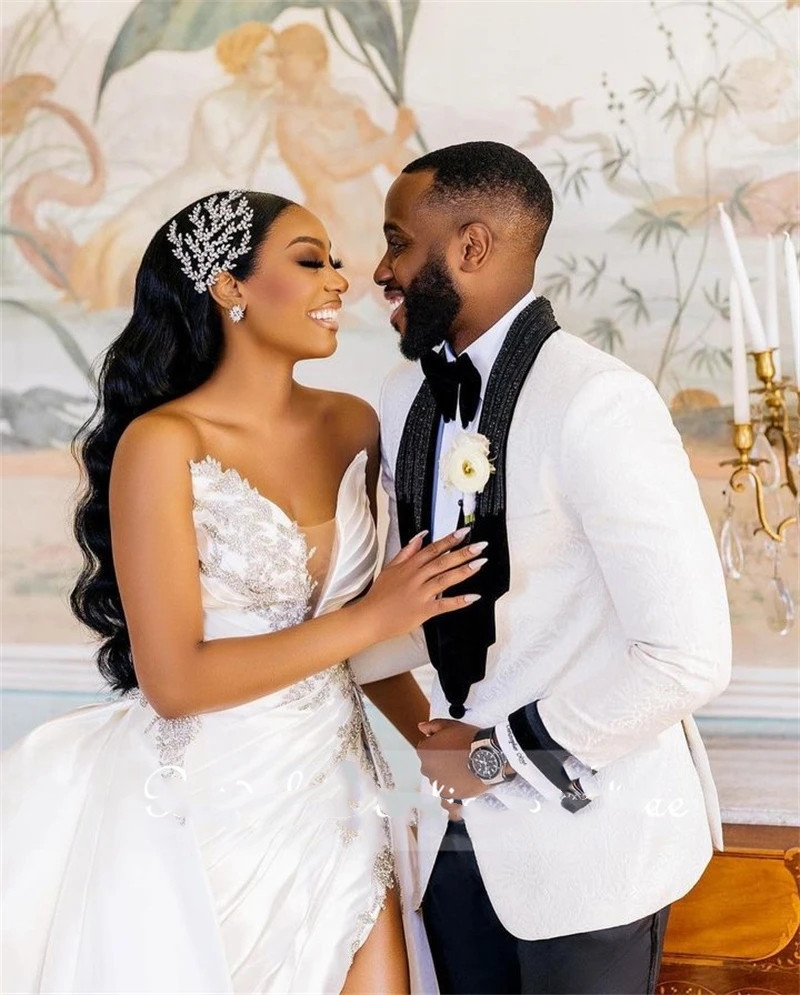 2023 White Plus Size Arabic Aso Ebi Wedding Dress High Split Sparkly Black Girl One Shoulder Sexy Satin Bridal Gowns 322 6660311