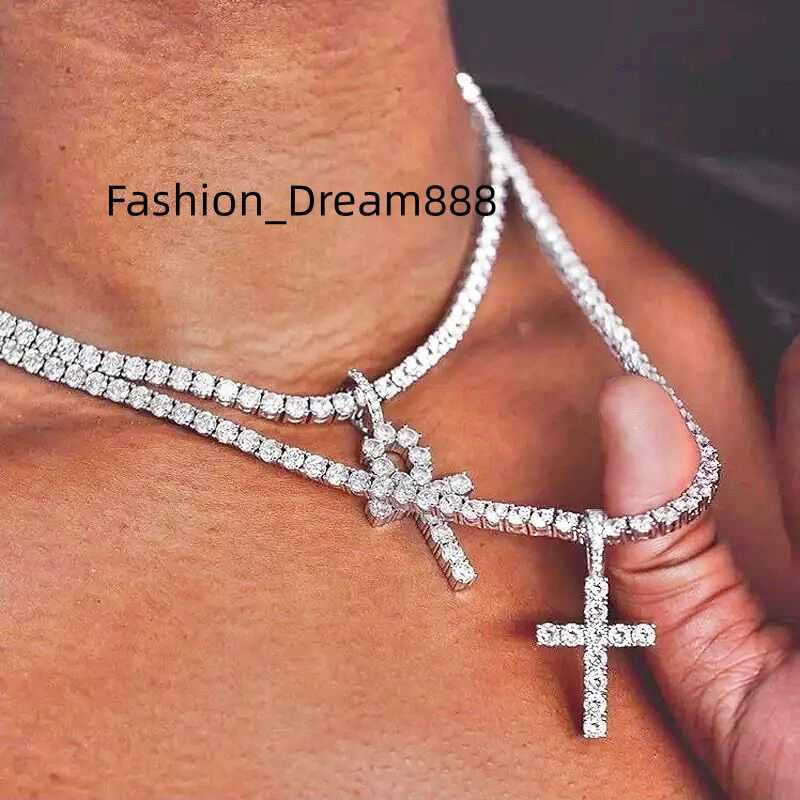 Pass Diamond Tester 925 Sterling Silver VVS Moissanite Diamond Ankh Cross Pendant 4mm Tennis Chain Necklace Jewelry Set