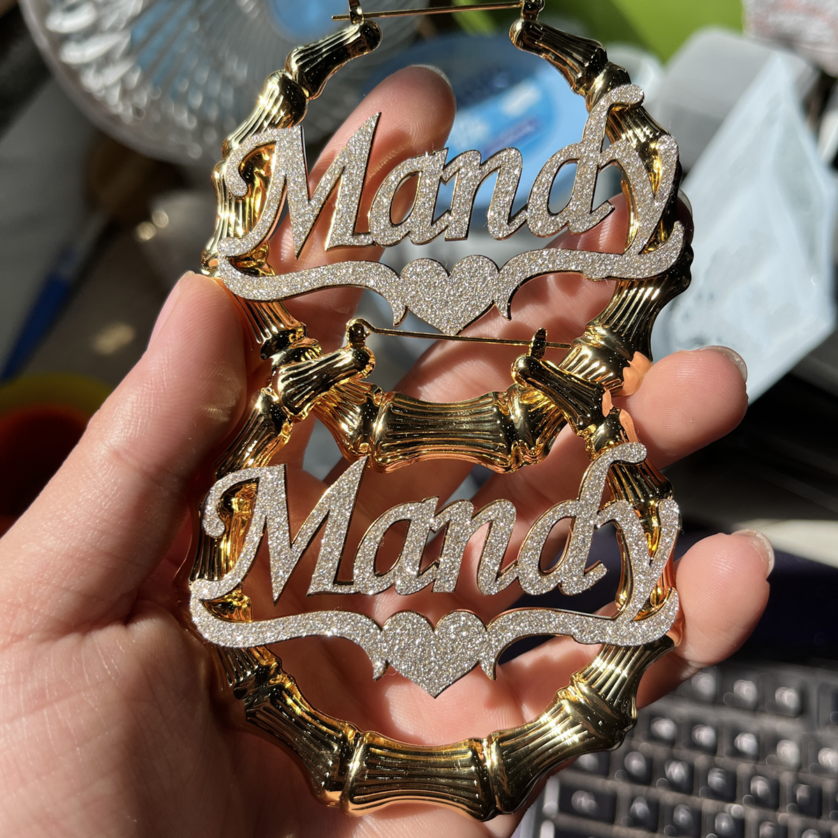 Dangle Chandelier Custom Bling Name Bamboo Earrings Colorful Bamboo Hoop Earrings Big Hoops Personalized Bling Earrings for Women Gifts 230701