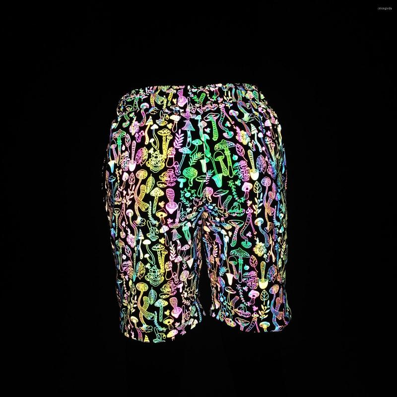 Mens Shorts Rainbow Color Mushroom Reflective Mens Harajuku Hip Hop Short Pants Colorful Night Reflect Light Bermuda Masculina