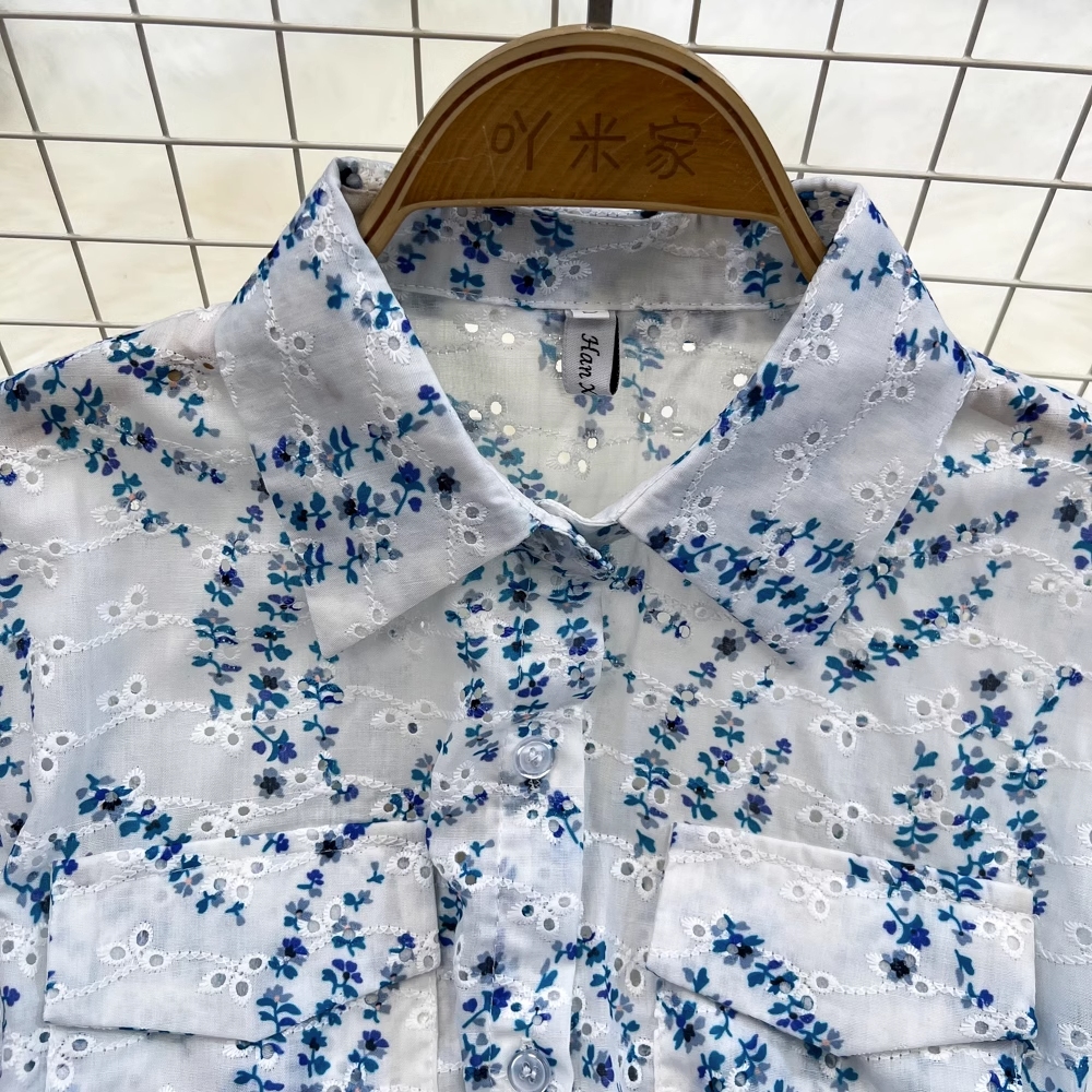 Summer Korean version light style retro short sleeved lapel with waistband for slimming mid length embroidered hollowed out A-line shirt dress