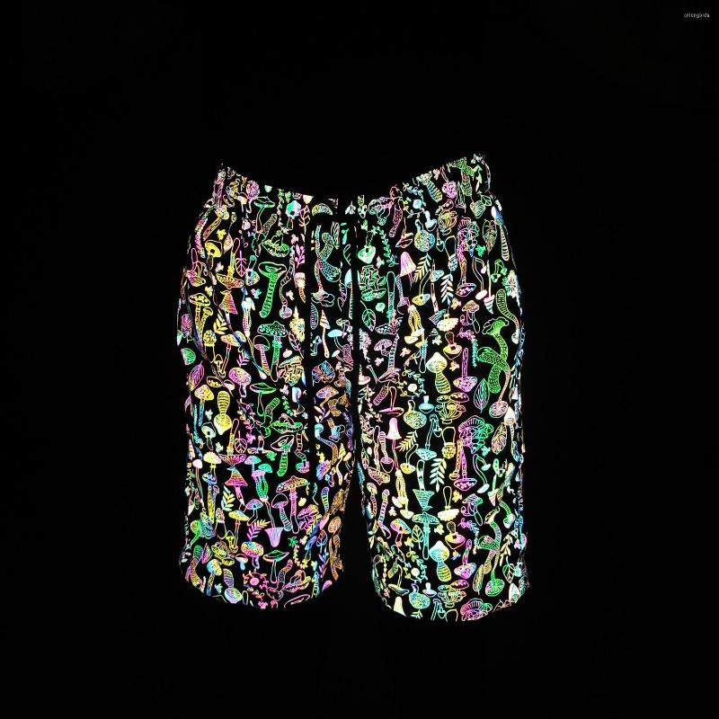Mens Shorts Rainbow Color Mushroom Reflective Mens Harajuku Hip Hop Short Pants Colorful Night Reflect Light Bermuda Masculina