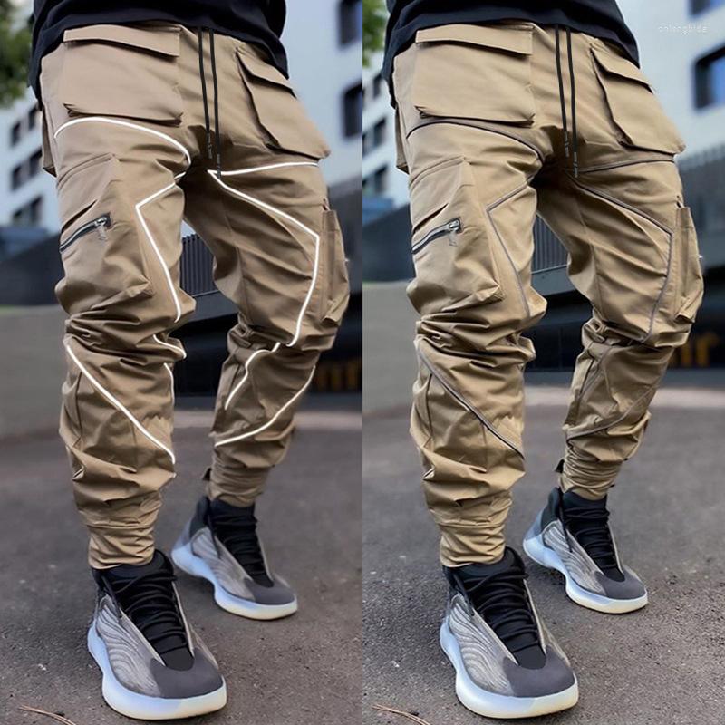 Mens Pants Spring Mens Casual Korean Version Of The Tide Brand Straight Overalls Multi-Pocket Reflective Sports