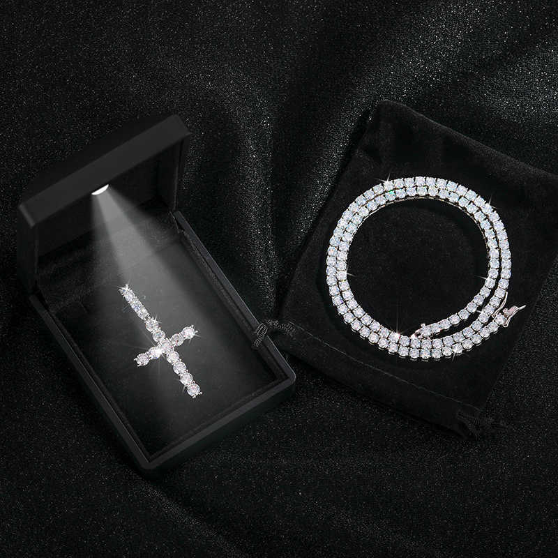 Pass Tester Sterling Sier VVS Moissanite Dia Ankh Cross Pendant 4mm Tennis Chain Necklace Jewelry Set