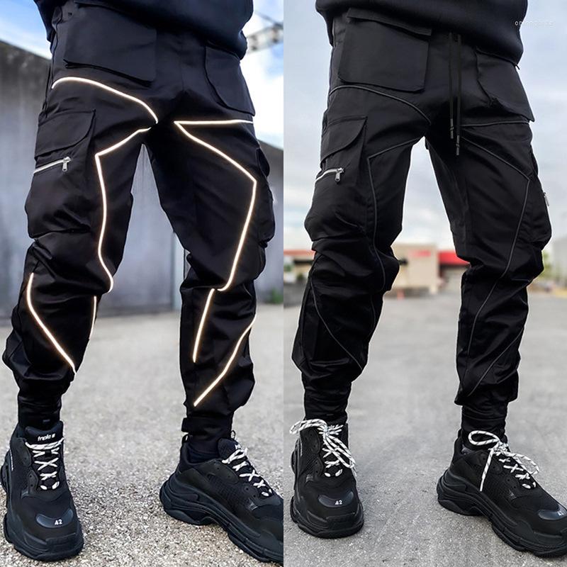 Mens Pants Spring Mens Casual Korean Version Of The Tide Brand Straight Overalls Multi-Pocket Reflective Sports