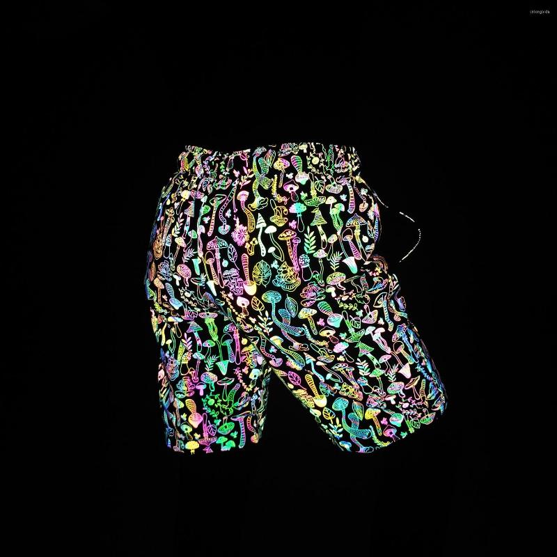 Mens Shorts Rainbow Color Mushroom Reflective Mens Harajuku Hip Hop Short Pants Colorful Night Reflect Light Bermuda Masculina