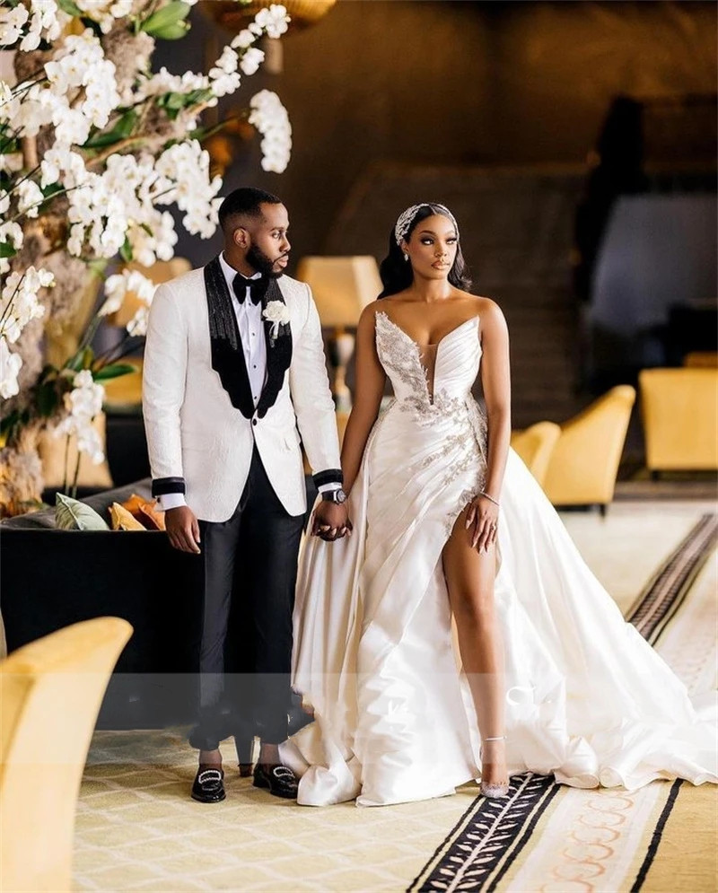 2023 White Plus Size Arabic Aso Ebi Wedding Dress High Split Sparkly Black Girl One Shoulder Sexy Satin Bridal Gowns 322 6660311