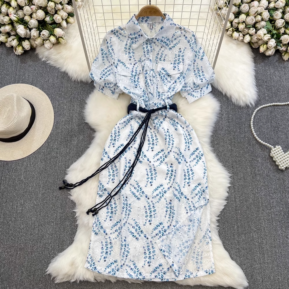 Summer Korean version light style retro short sleeved lapel with waistband for slimming mid length embroidered hollowed out A-line shirt dress