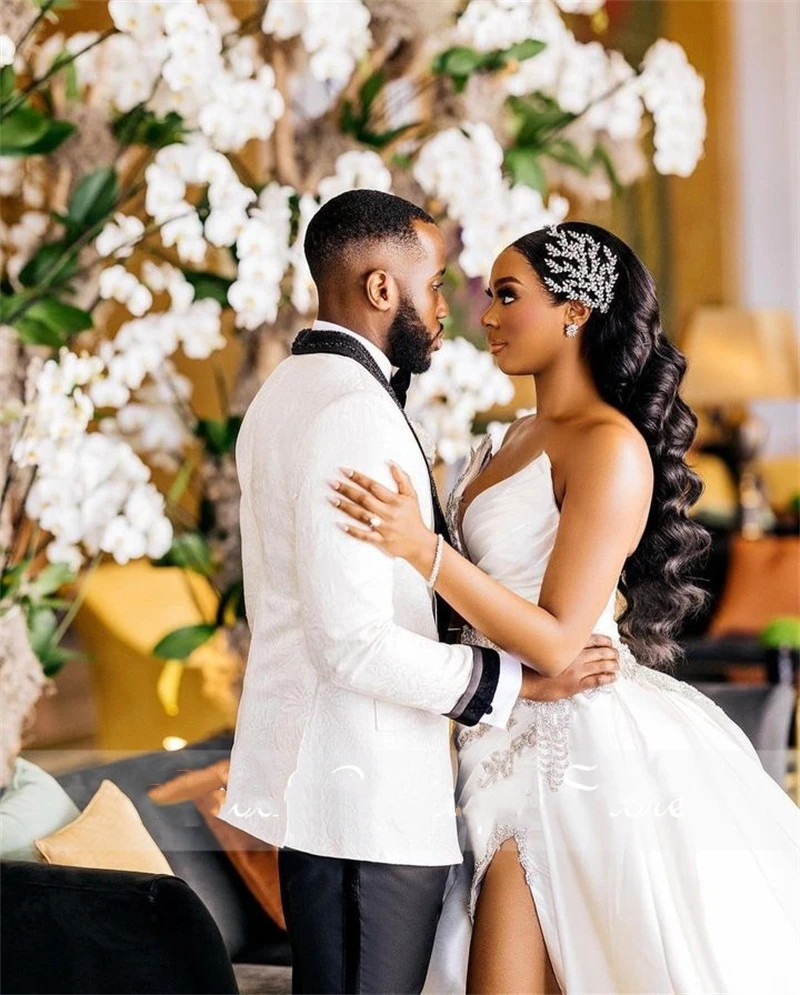 2023 White Plus Size Arabic Aso Ebi Wedding Dress High Split Sparkly Black Girl One Shoulder Sexy Satin Bridal Gowns 322 6660311