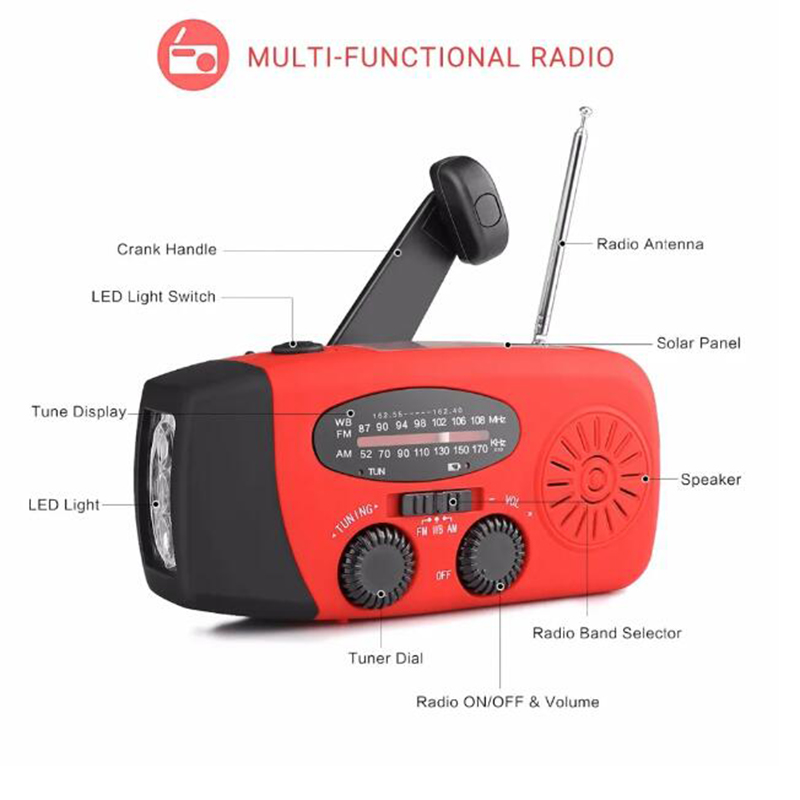 AM/FM/WB Solar Radio Emergency Solar Hand Crank Powerful 3 LED Flashlight Electric Torch Dynamo Bright Lighting Lamp 2000mAh