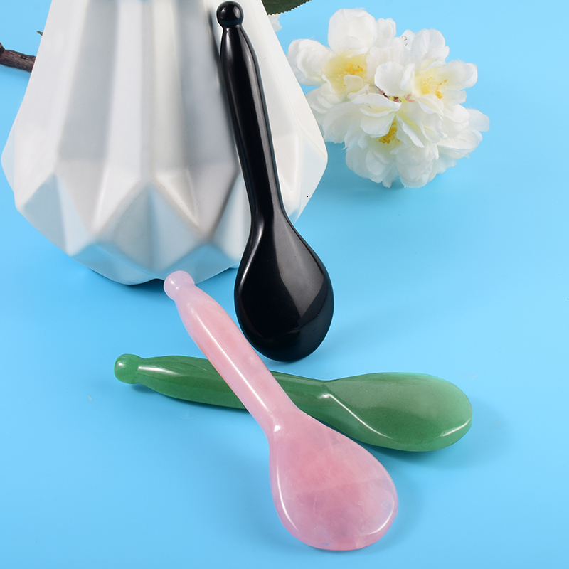 Massage Stones Rocks Jade Round Spoon Shaped Gua Sha Tool Face Massage Wand Head Neck Eye Acupuncture Pen Natural Rose Quartz Stone Beauty Product 230