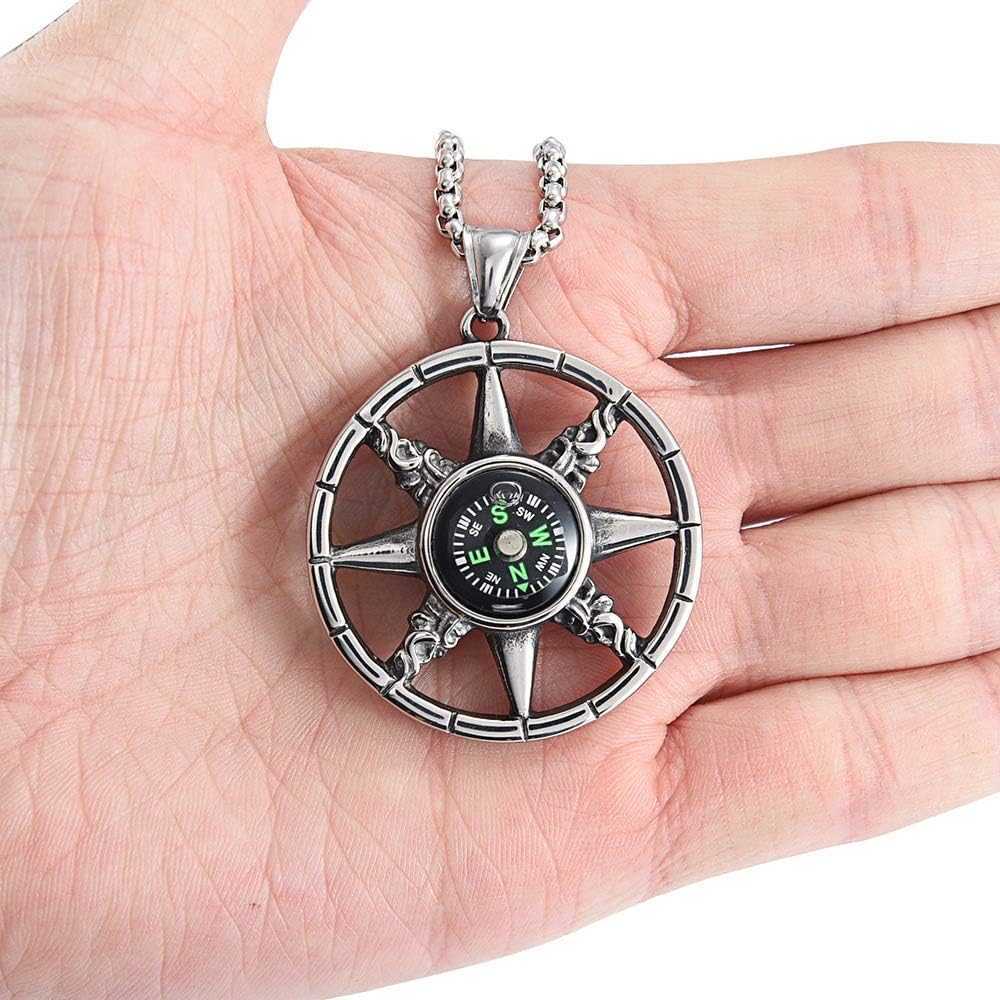 Flash Compass Rainbow Pendant Necklace Chain For Men Antique Silver Color Stainless Steel Jewelry Hip Hop Punk Rock Jewelry Accessories Wholesale
