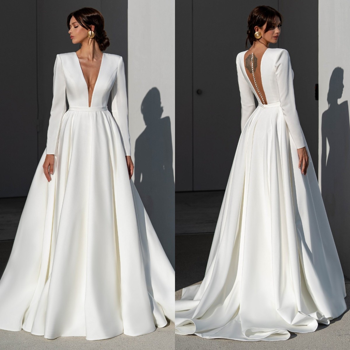 Fashion A E Dresses For Bride Plunging V Neck Wedding Dress Button Back Long Sleeves Designer Bridal Gowns 0219