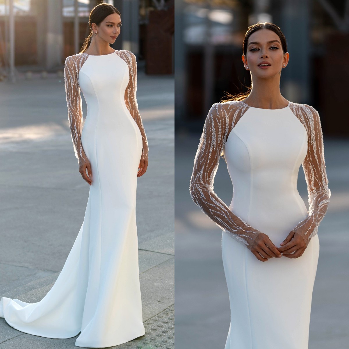 Fashion Mermaid Dresses Jewel Satin Wedding Dress Beads Long Sleeves Sweep Train Wedding Bridal Gowns 0616