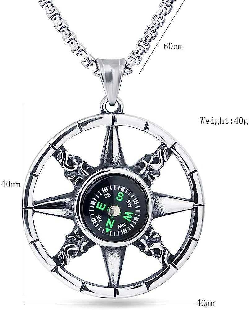 Flash Compass Rainbow Pendant Necklace Chain For Men Antique Silver Color Stainless Steel Jewelry Hip Hop Punk Rock Jewelry Accessories Wholesale