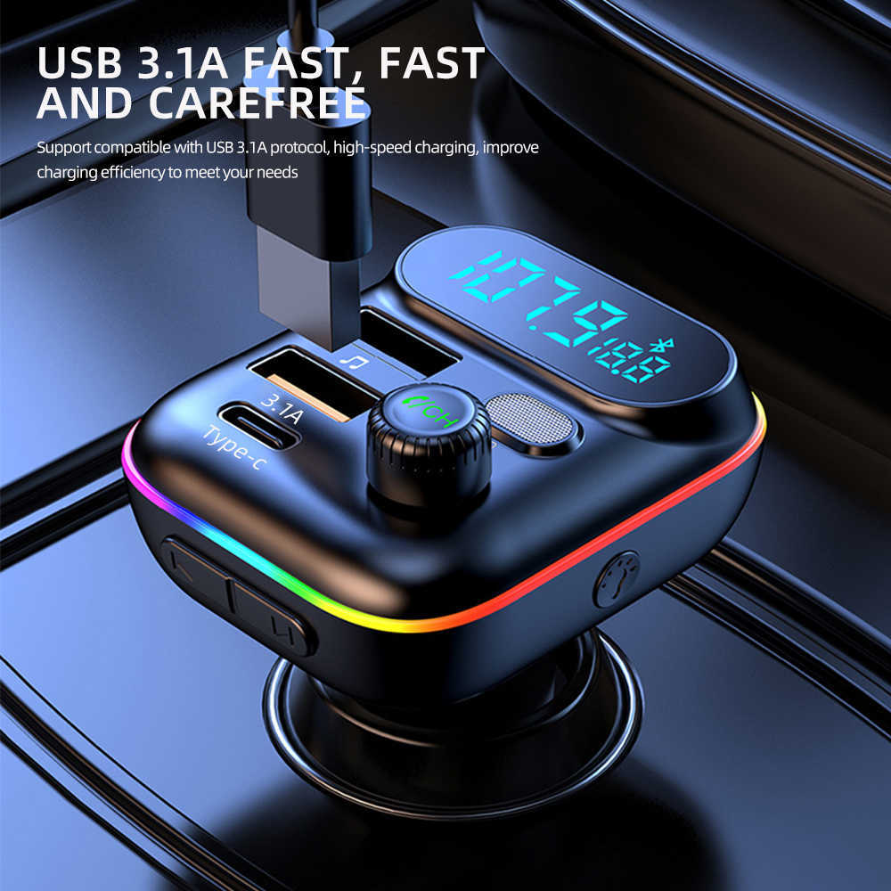 New Bluetooth 5.0 FM Transmitter Fast USB Type C Charger Colorful Handsfree Car Kit Mp3 Player Support TF Card B