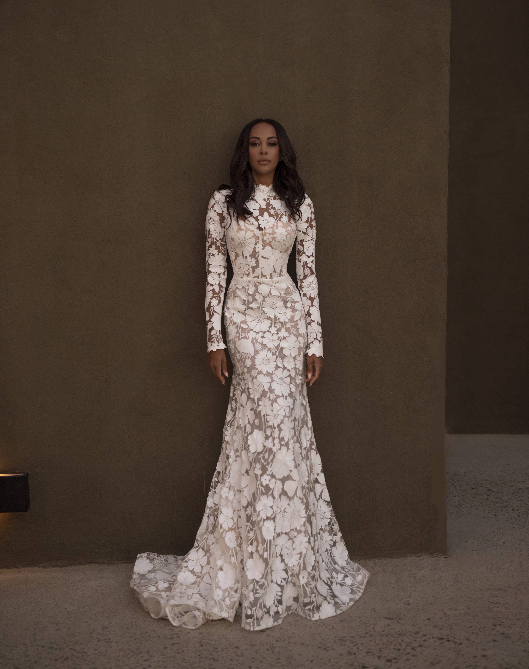 Elegant Mermaid Dresses High Neck Long Sleeves Lace Wedding Dress Sweep Train Robe De Mariee Bridal Gowns 0515