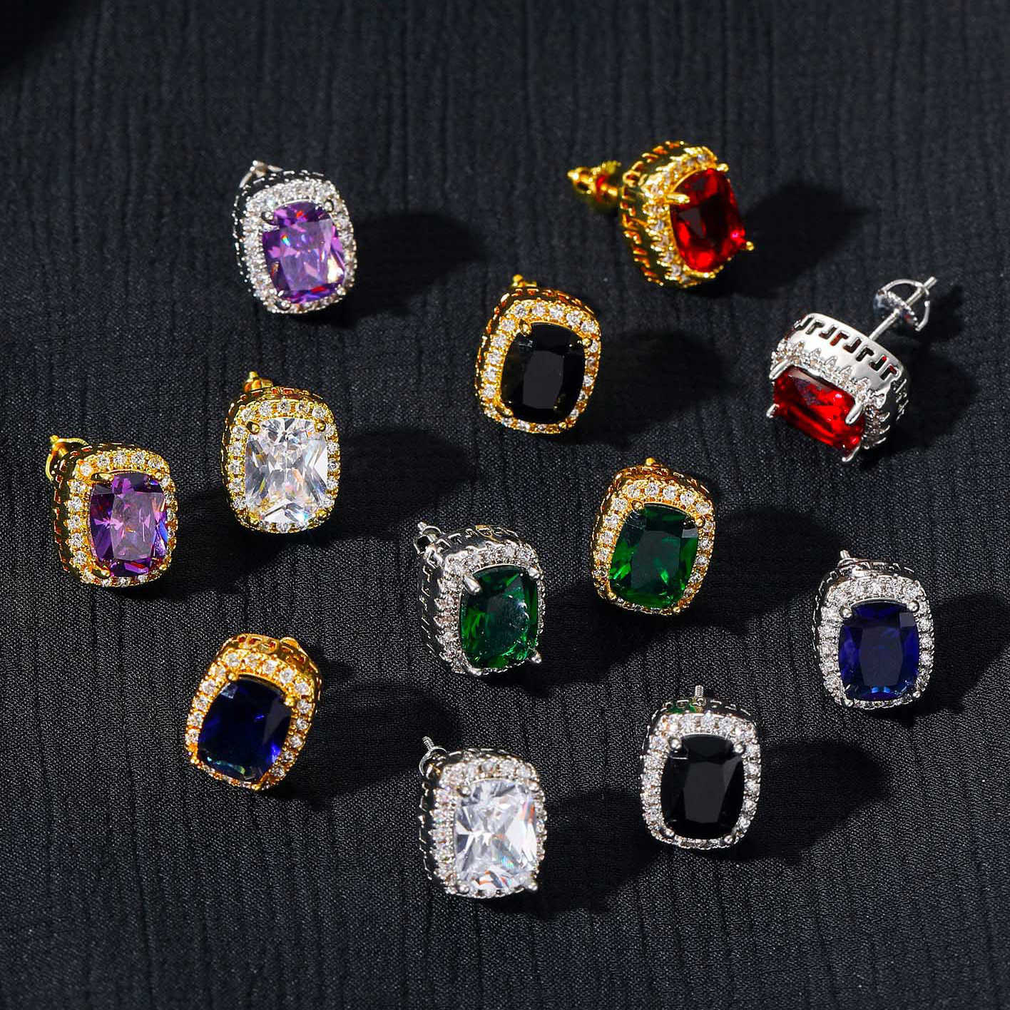 Women's Female Hip Hop Stud Earrings Ins Accessories Black White Blue Hiphop Full Colorful Large Cubic Zircon Personalized Earrings Cut Stone Ear