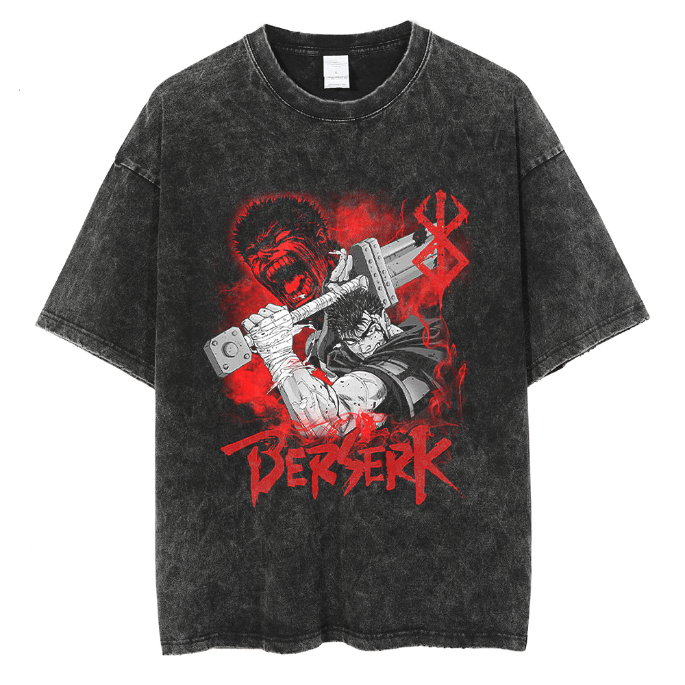 Men's T-Shirts Berserk T Shirt Men Anime Printed Vintage Washed Tshirt Guts Unisex Short Sleeve Tops 100% Cotton Hip Hop Streetwear 230701