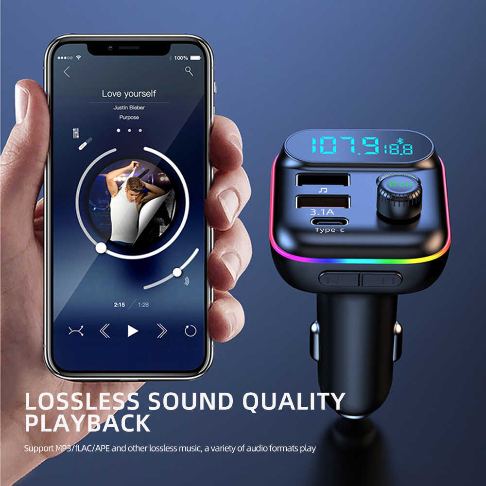 New Bluetooth 5.0 FM Transmitter Fast USB Type C Charger Colorful Handsfree Car Kit Mp3 Player Support TF Card B