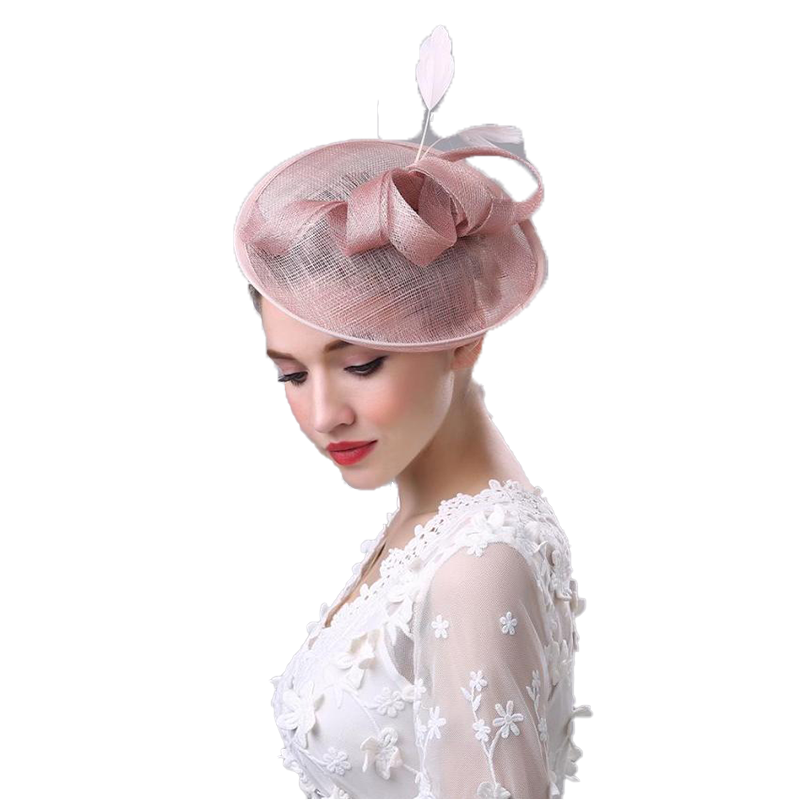 Women Bridal Hat Linen with Feather Lady Chic Fascinator Hat Cocktail Wedding Party Church Headpiece Hair Accessories