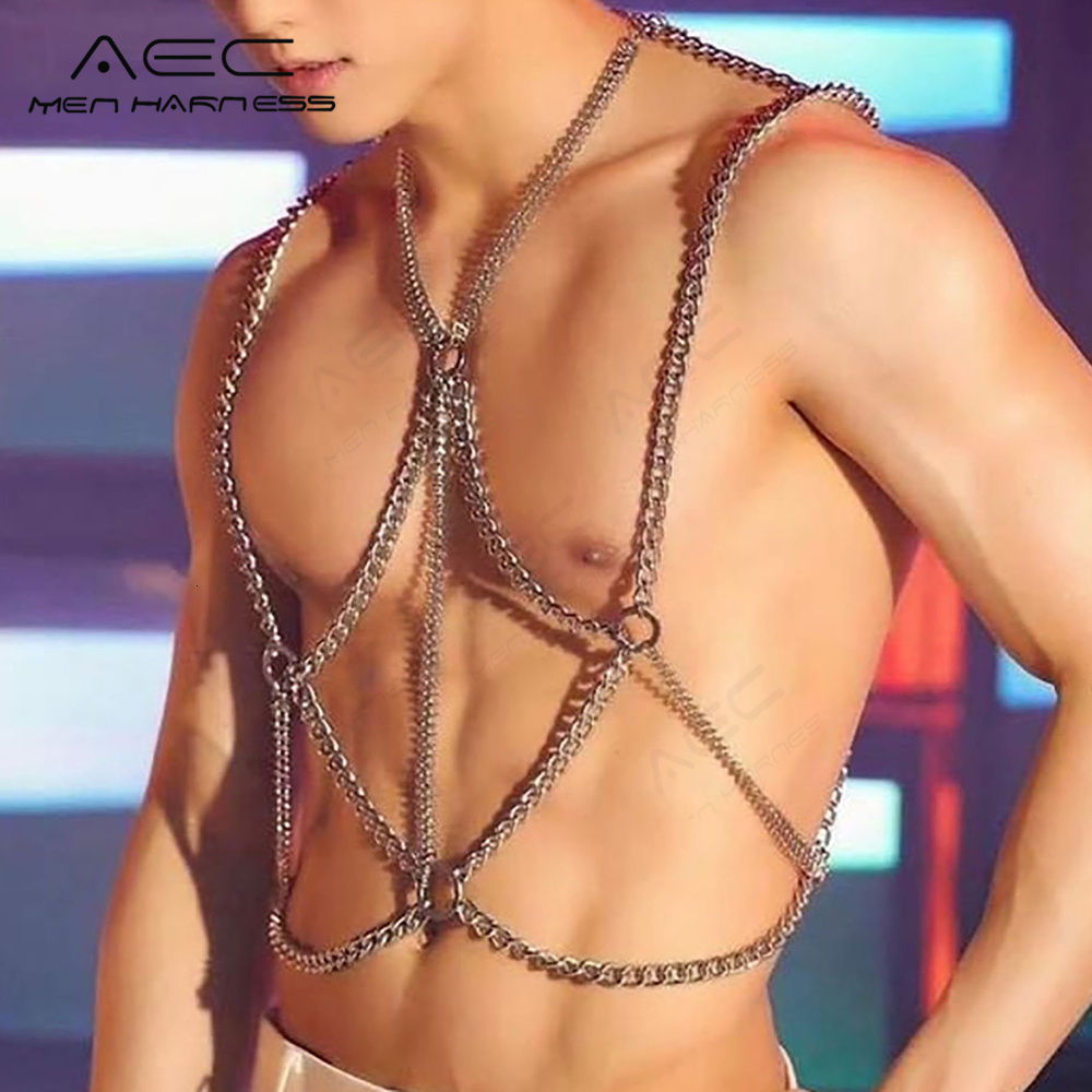Navel Bell Button Rings Men's Chest Jewelry Chain Sexy Body Strap Gay Sissy Chains Shoulder Hollow Out Metal Harness Necklace Bdsm Aesthetic Acce