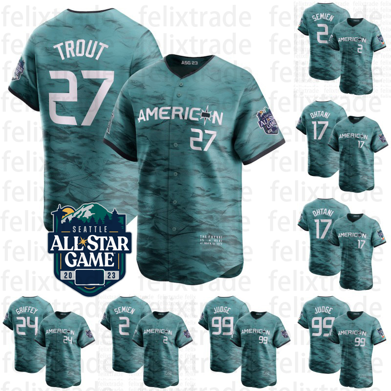 American League #17 Shohei Ohtani Teal 2023 All-Star Game Jersey Aaron Judge Mike Trout Shohei Ohtani Ken Griffey Tim Anderson Randy Arozarena Yandy Diaz Rafael Devers