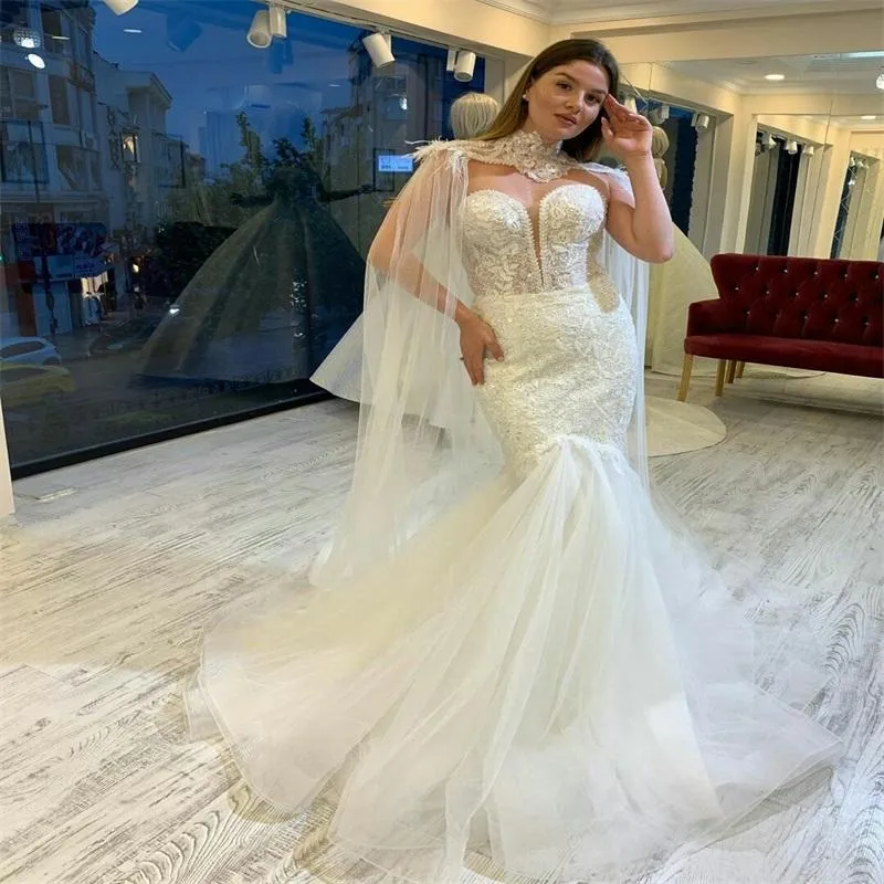 Wedding Mermaid Dresses Bridal Gown with Cape Lace Applique Beaded Floor Length Sweetheart Custom Made Vestidos De Novia Plus Size Beach Garden