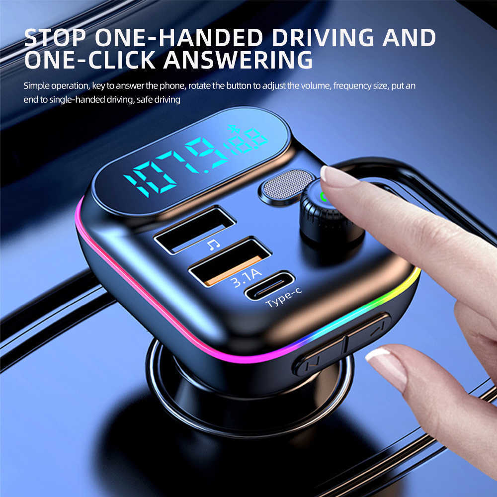 New Bluetooth 5.0 FM Transmitter Fast USB Type C Charger Colorful Handsfree Car Kit Mp3 Player Support TF Card B