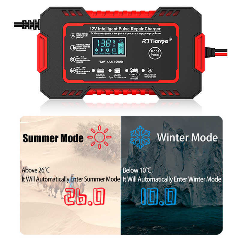 New Car Battery 12V Pulse Repair LCD Display Smart Fast Charge AGM Deep cycle GEL Lead-Acid Charger For Auto Motorcycle