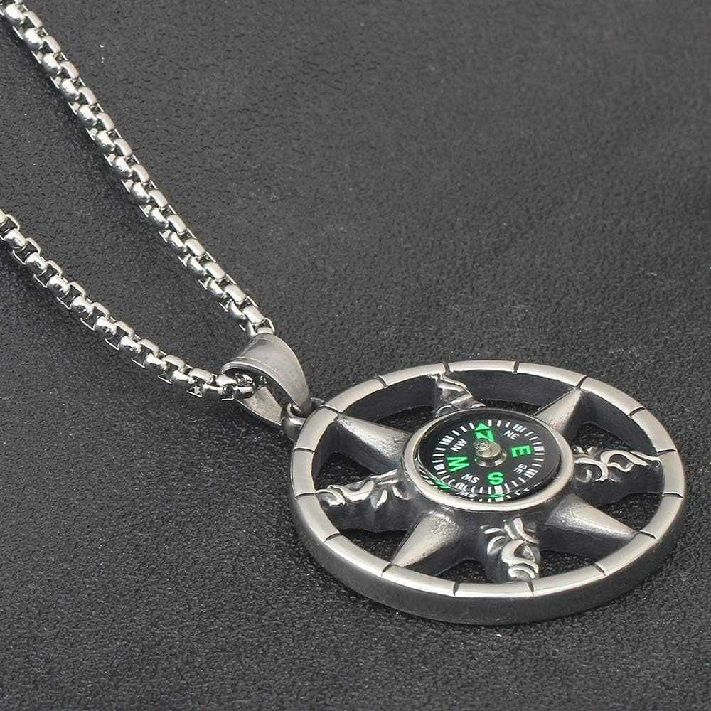 Flash Compass Rainbow Pendant Necklace Chain For Men Antique Silver Color Stainless Steel Jewelry Hip Hop Punk Rock Jewelry Accessories Wholesale