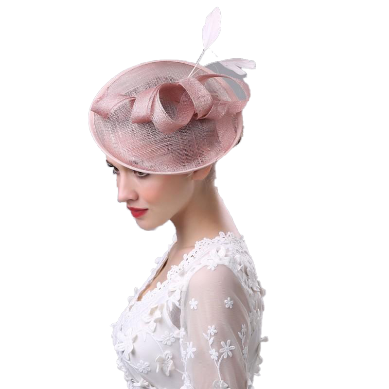 Women Bridal Hat Linen with Feather Lady Chic Fascinator Hat Cocktail Wedding Party Church Headpiece Hair Accessories
