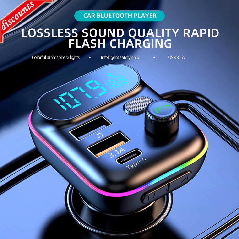New Bluetooth 5.0 FM Transmitter Fast USB Type C Charger Colorful Handsfree Car Kit Mp3 Player Support TF Card B
