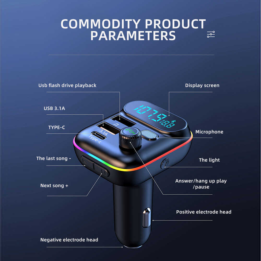 New Bluetooth 5.0 FM Transmitter Fast USB Type C Charger Colorful Handsfree Car Kit Mp3 Player Support TF Card B