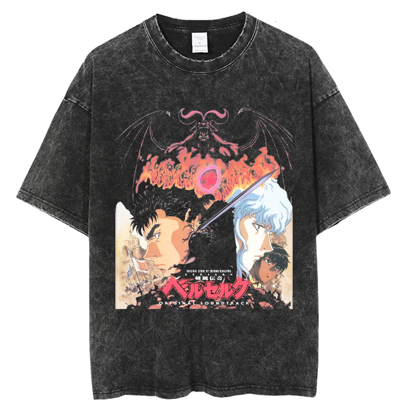 Men's T-Shirts Berserk T Shirt Men Anime Printed Vintage Washed Tshirt Guts Unisex Short Sleeve Tops 100% Cotton Hip Hop Streetwear 230701
