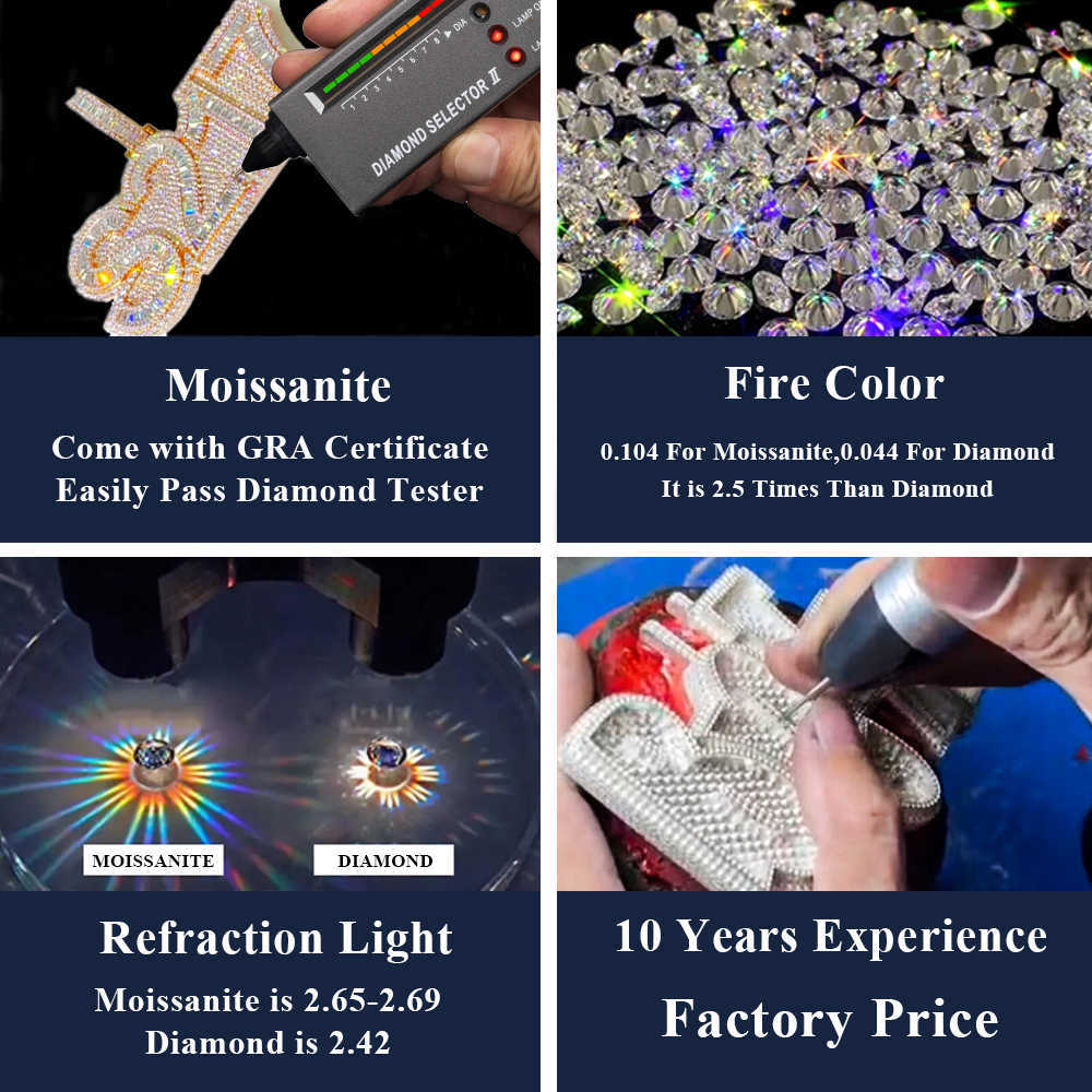 Custom Luxury 3 Width Hip Hop Iced Out Fine Jewelry Micro Pave d Color Vvs Baguette Moissanite Diamond Letter Pendant Necklace