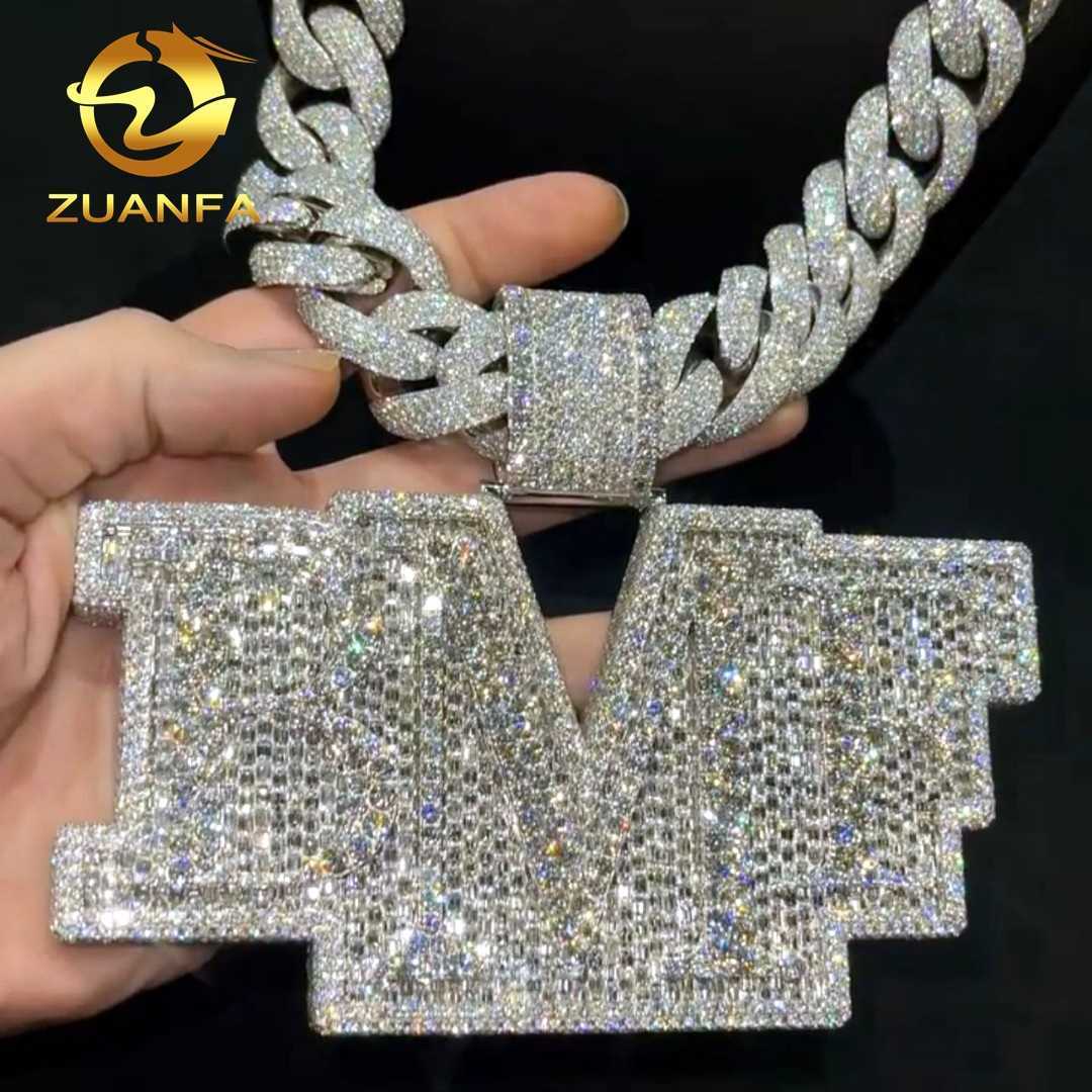 Custom Luxury 3 Width Hip Hop Iced Out Fine Jewelry Micro Pave d Color Vvs Baguette Moissanite Diamond Letter Pendant Necklace