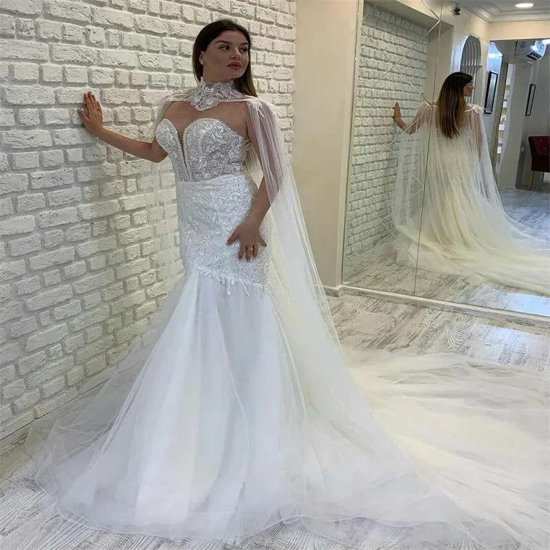 Wedding Mermaid Dresses Bridal Gown with Cape Lace Applique Beaded Floor Length Sweetheart Custom Made Vestidos De Novia Plus Size Beach Garden