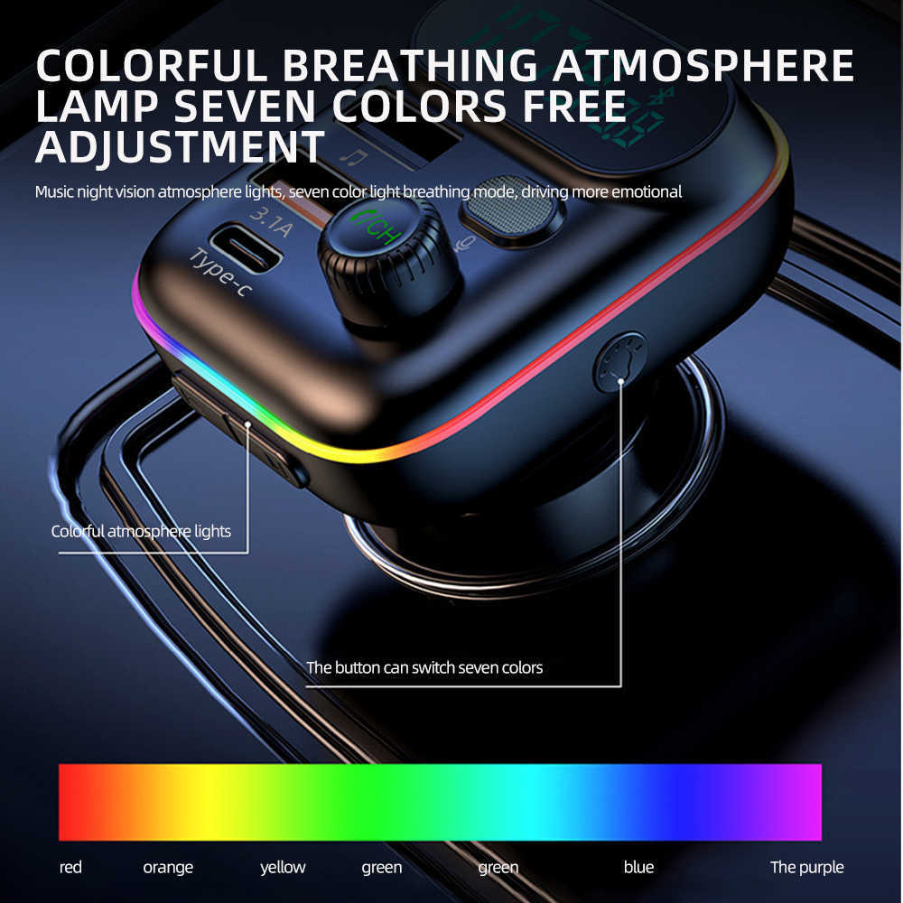 New Bluetooth 5.0 FM Transmitter Fast USB Type C Charger Colorful Handsfree Car Kit Mp3 Player Support TF Card B